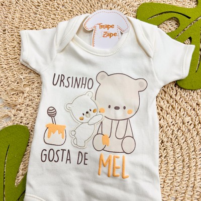 CONJ. DE MALHA 3 PEÇAS - Ursinho Gosta de Mel - Off White e Azul Jeans